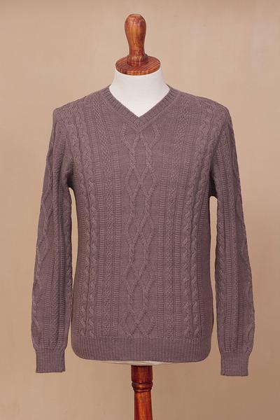 Men's 100% alpaca pullover, 'Dusty Lavender Style' - Men's Knit 100% Alpaca Pullover in Dusty Lavender from Peru