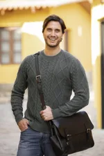 Men's 100% alpaca pullover, 'Moss Ropes' - Men's Knit 100% Alpaca Pullover in Moss from Peru