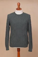 Men's 100% alpaca pullover, 'Moss Ropes' - Men's Knit 100% Alpaca Pullover in Moss from Peru