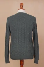 Men's 100% alpaca pullover, 'Moss Ropes' - Men's Knit 100% Alpaca Pullover in Moss from Peru