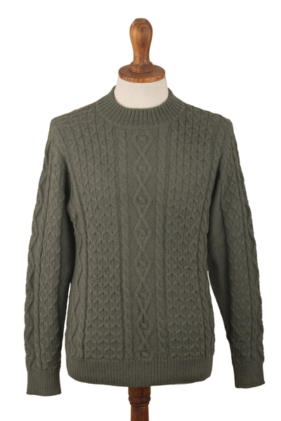 Men's 100% alpaca sweater, 'Sage Diamonds' - 100% Alpaca Pullover Sweater in Sage from Peru