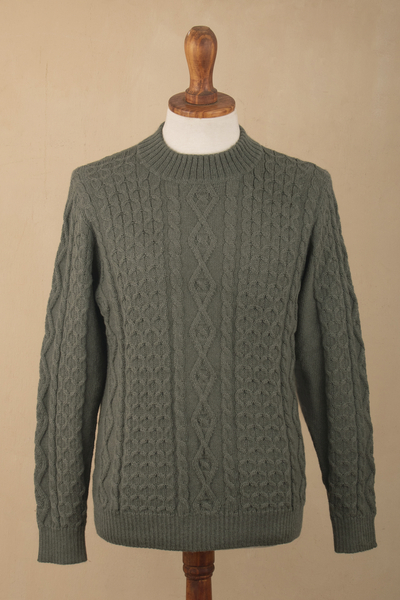 Men's 100% alpaca sweater, 'Sage Diamonds' - 100% Alpaca Pullover Sweater in Sage from Peru