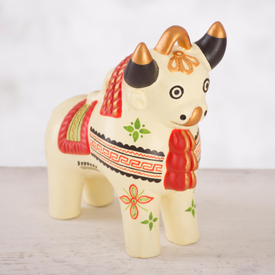 Ceramic figurine, 'Festive Pucara Bull in Cream' - Cream-Hued Ceramic Pucara Bull Figurine from Peru