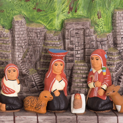 Ceramic nativity sculpture, 'Festivity in Machu Picchu' - Ceramic Nativity Scene Sculpture of Machu Picchu from Peru