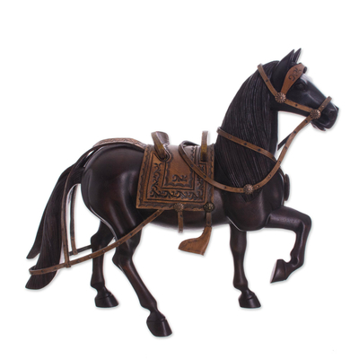 Cedar Wood and Leather Horse Sculpture from Peru (11.5 in.)