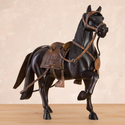 Cedar wood sculpture, 'Peruvian Paso Horse' (11.5 inch) - Cedar Wood and Leather Horse Sculpture from Peru (11.5 in.)