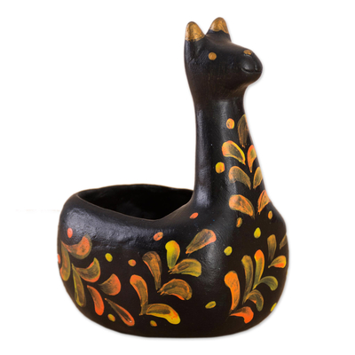 estatuilla de cerámica - Figura de llama de cerámica negra de Perú