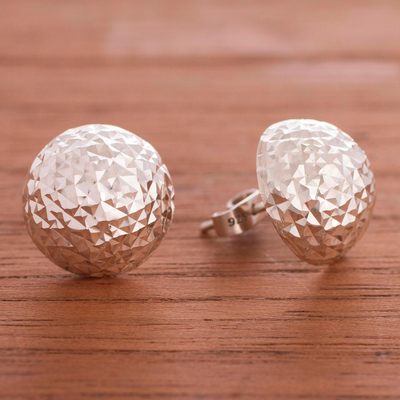 Sterling silver button earrings, 'Dazzling Full Moon' - Modern Round Sterling Silver Button Earrings from Peru