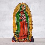 Colorful Wood Sculpture of Guadalupe from Peru, 'Reverent Guadalupe'