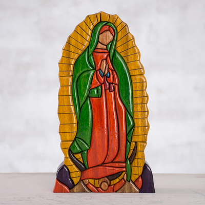 Wood sculpture, 'Reverent Guadalupe' - Colorful Wood Sculpture of Guadalupe from Peru