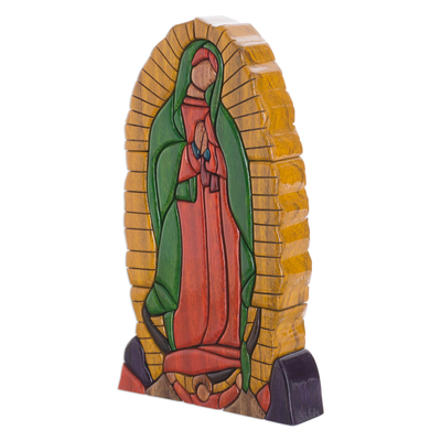 Wood sculpture, 'Reverent Guadalupe' - colourful Wood Sculpture of Guadalupe from Peru