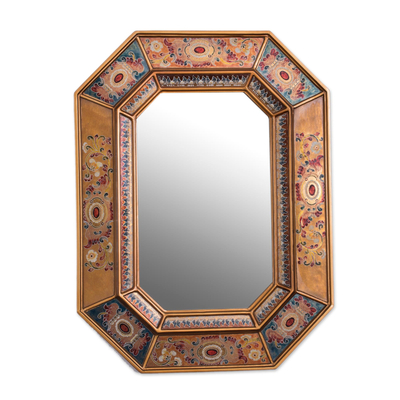 Floral Reverse-Painted Glass Wall Mirror from Peru