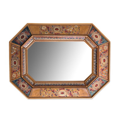 Reverse-painted glass wall mirror, 'Colonial Majesty' - Floral Reverse-Painted Glass Wall Mirror from Peru