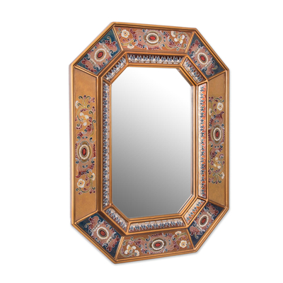 Reverse-painted glass wall mirror, 'Colonial Majesty' - Floral Reverse-Painted Glass Wall Mirror from Peru