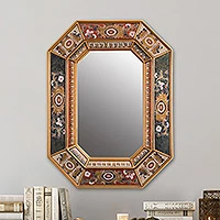 Reverse painted glass wall mirror, 'Gaze' - Floral Reverse Painted Glass Frame Octagonal Wall Mirror