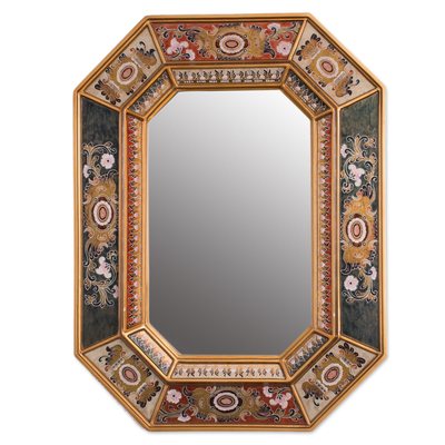 Floral Reverse Painted Glass Frame Octagonal Wall Mirror