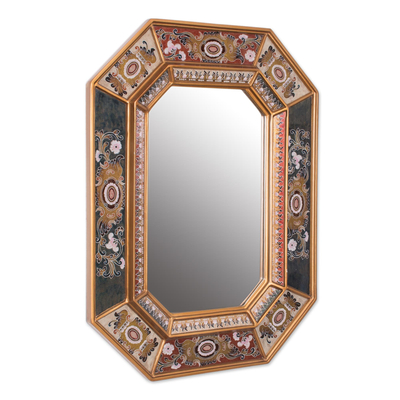 Reverse painted glass wall mirror, 'Gaze' - Floral Reverse Painted Glass Frame Octagonal Wall Mirror