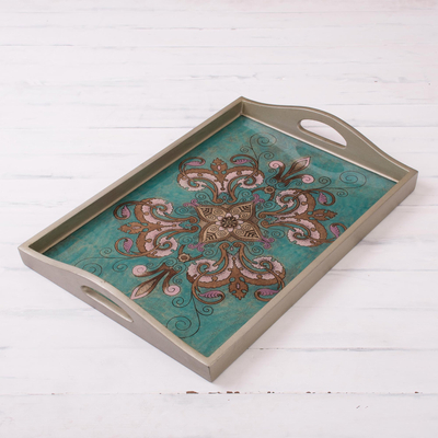 Reverse-painted glass tray, Enchanting Flowers in Teal