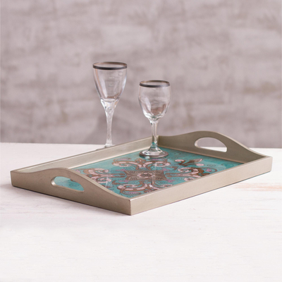 Reverse-painted glass tray, 'Enchanting Flowers in Teal' - Floral Reverse-Painted Glass Tray from Peru