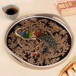 Reverse-painted glass tray, 'Mystic Peacock in Silver' - Reverse-Painted Glass Peacock Tray in Silver from Peru