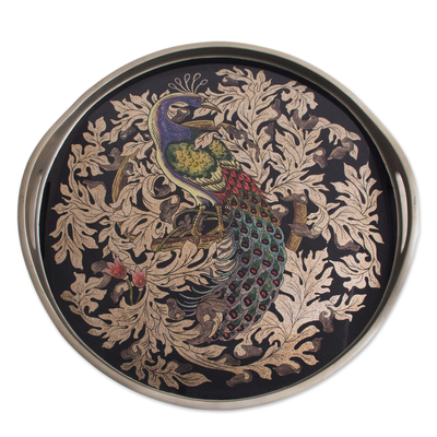 Reverse-Painted Glass Peacock Tray in Silver from Peru
