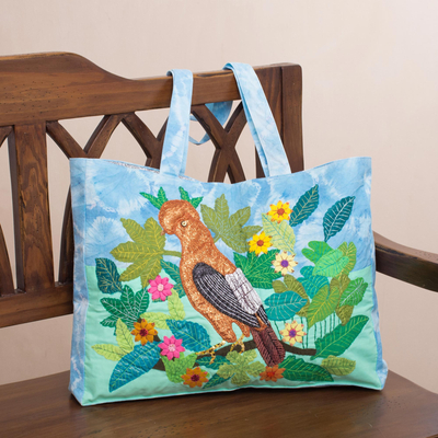 Cotton blend tote, 'Rooster Among Flowers' - Rooster-Themed Cotton Blend Arpillera Tote from Peru