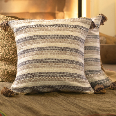 Cotton cushion covers, 'Dunes of Ica' (pair) - Striped Earth-Tone Cotton Cushion Covers from Peru (Pair)