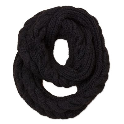 Alpaca blend infinity scarf, 'Black Braid' - Knit Alpaca Blend Wrap Scarf in Black from Peru