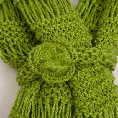 Hand-knit scarf, 'Green Grass' - Hand-Knit Wrap Scarf in Green from Peru