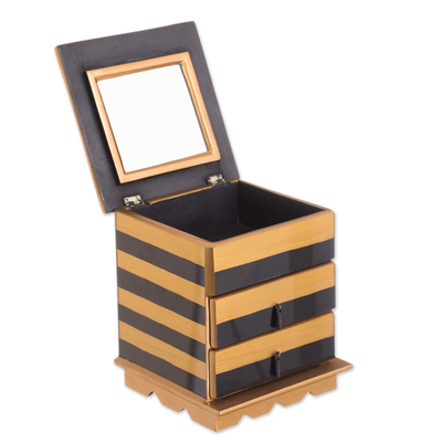 Reverse-painted glass jewelry chest, 'Modern Gleam' - Reverse-Painted Glass Jewelry Chest in Gold and Black