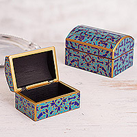Reverse-painted glass decorative boxes, 'Blue Intricacy' (pair)