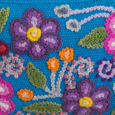 Alpaca clutch, 'Turquoise Garden' - Embroidered Floral Alpaca Clutch in Turquoise from Peru
