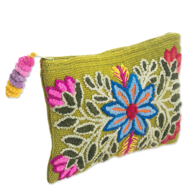 Alpaca clutch, 'Floral Flourish' - Embroidered Floral Alpaca Clutch in Warm Olive from Peru