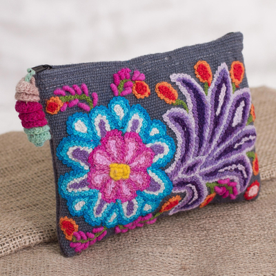 Alpaca clutch, 'Midnight Delight' - Embroidered Floral Alpaca Clutch in Slate from Peru