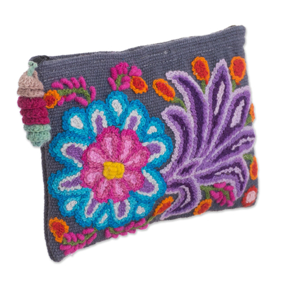 Alpaca clutch, 'Midnight Delight' - Embroidered Floral Alpaca Clutch in Slate from Peru