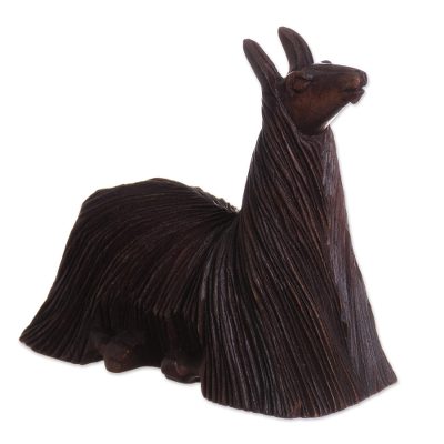 Wood sculpture, 'Lounging Suri' - Cedar Wood Sculpture of a Laying Alpaca from Peru
