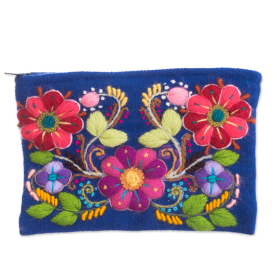 Floral Embroidered Alpaca Blend Clutch in Royal Blue
