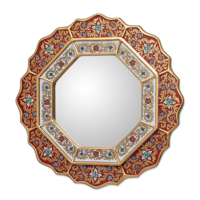 Reverse painted glass mirror, 'Red Star' - Collectible Floral Peruvian Reverse Painted Glass Mirror