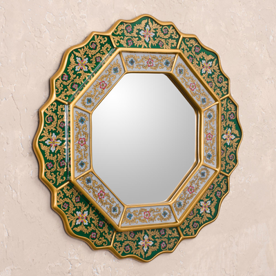 Reverse painted glass mirror, 'Green Star' - Green Floral Fair Trade Reverse Painted Glass Wall Mirror