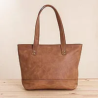 Leather tote, 'Sepia Waves' - Handcrafted Leather Tote in Sepia from Peru