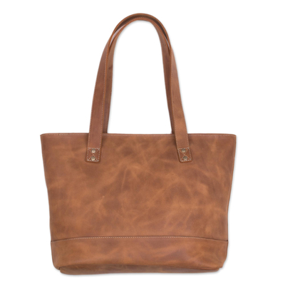 Leather tote, 'Sepia Waves' - Handcrafted Leather Tote in Sepia from Peru