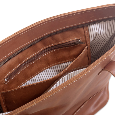 Leather tote, 'Sepia Waves' - Handcrafted Leather Tote in Sepia from Peru