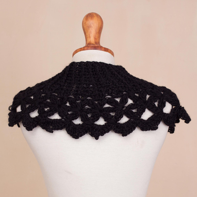 100% alpaca neck warmer, 'Black Elegance' - Hand-Crocheted 100% Alpaca Neck Warmer in Black from Peru