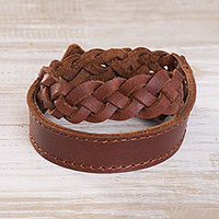 Braided leather wrap bracelet, 'Elegant Lasso in Russet' - Braided Leather Wrap Bracelet in Russet from Peru