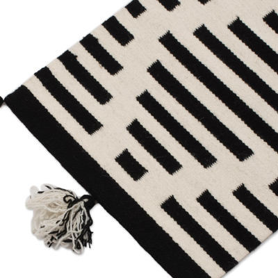 Wool table runner, 'Diamond Illusion' - Diamond Motif Wool Table Runner in Black and Antique White