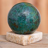 Chrysocolla and jasper gemstone sculpture, 'Blue-Green World' - Modern Chrysocolla and Jasper Gemstone Figurine from Peru