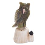 Gemstone sculpture, 'Verdant Owl' - Gemstone Owl Sculpture in Green from Peru
