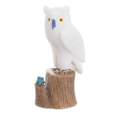 Gemstone sculpture, 'White Owl' - Gemstone Owl Sculpture in White from Peru