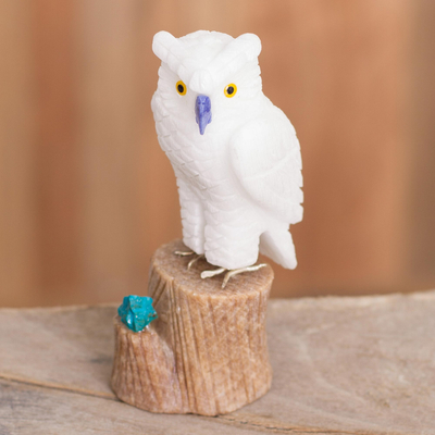 Gemstone sculpture, 'White Owl' - Gemstone Owl Sculpture in White from Peru