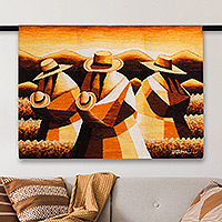 Wool tapestry, 'Sunset in the Andean Country' - Handwoven Wool Tapestry of Andean Workers from Peru